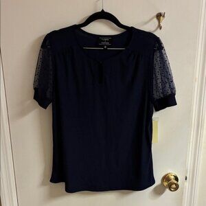 NWT Elegant Navy Blouse with Sheer Sleeves in Sz M